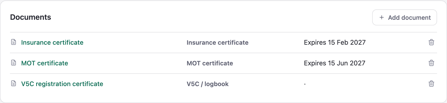 Documents attached to the vehicle record