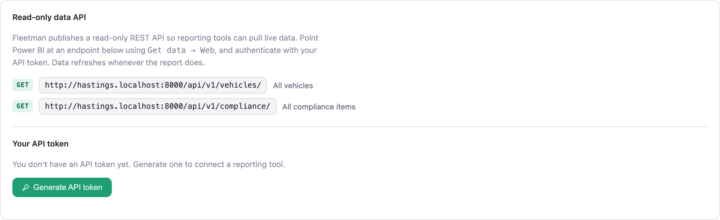 Fleetman integrations page showing REST API endpoints and token management