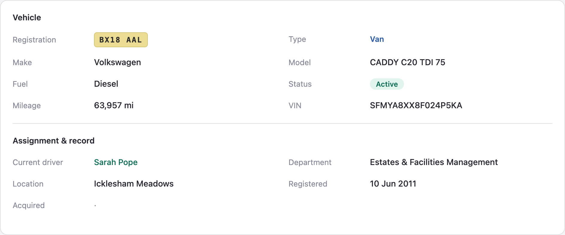Vehicle record: registration, VIN, driver, location and status